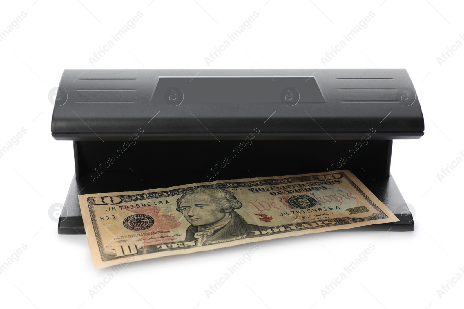 Photo of Modern currency detector with dollar banknote isolated on white. Money examination device