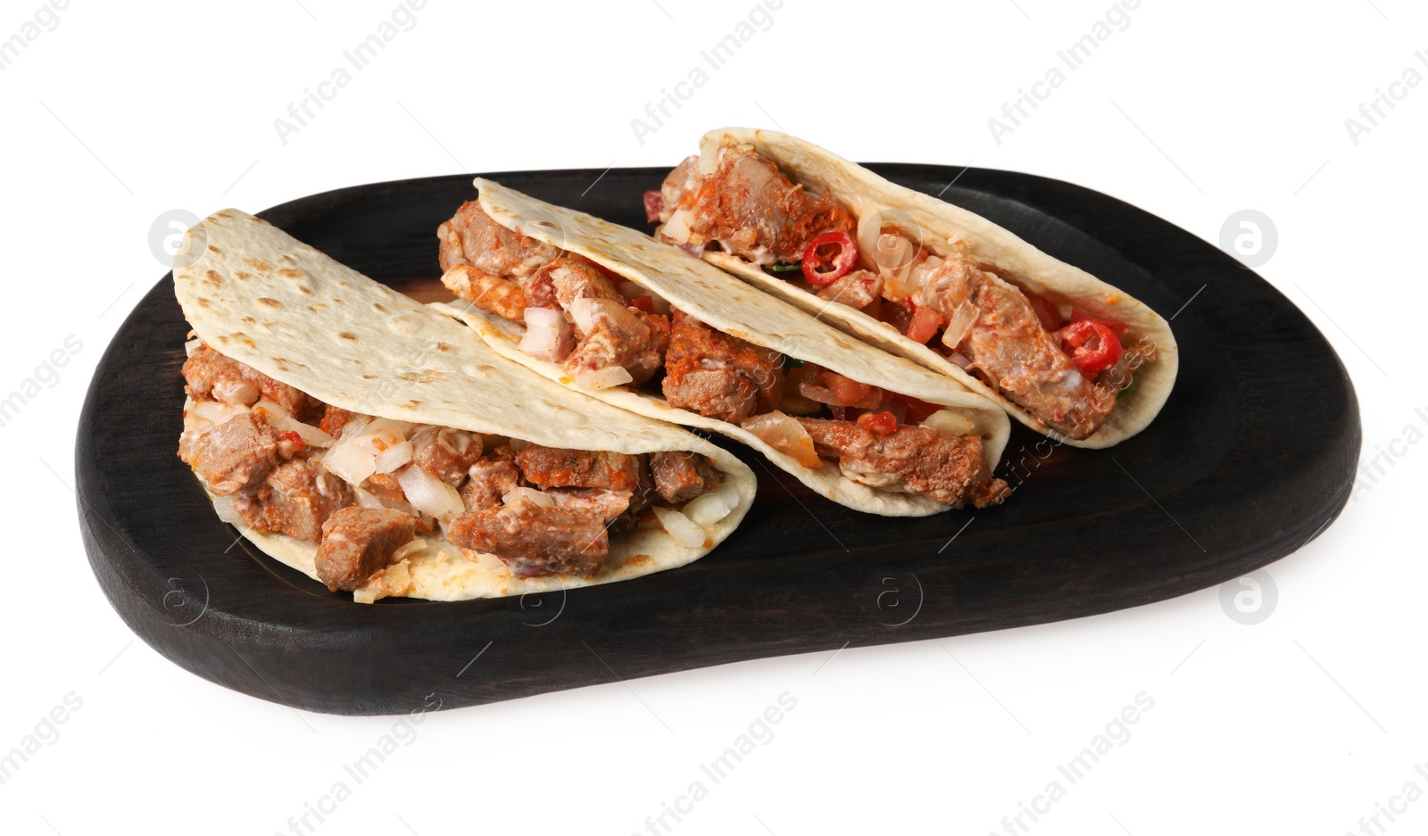 Photo of Delicious tacos with meat and vegetables isolated on white