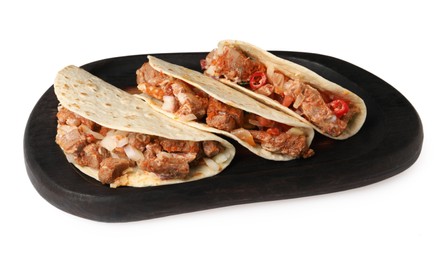 Delicious tacos with meat and vegetables isolated on white