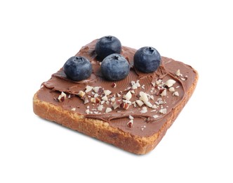 Toast with tasty nut butter, blueberries and nuts isolated on white