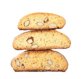 Photo of Slices of tasty cantucci on white background. Traditional Italian almond biscuits