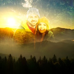 Double exposure of happy couple, sun, mountains and trees