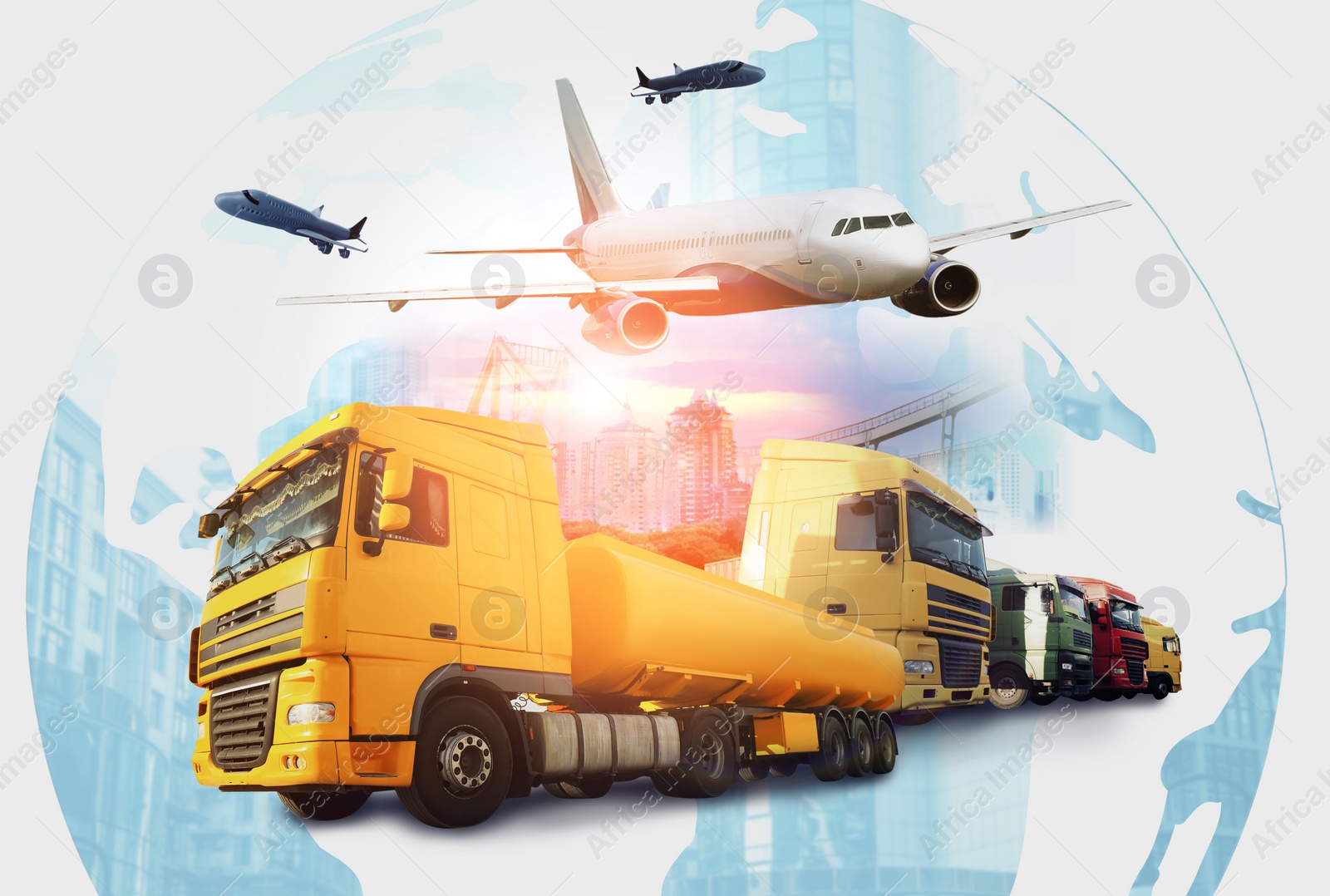 Image of Logistics concept. Multiple exposure of different transports and world globe 