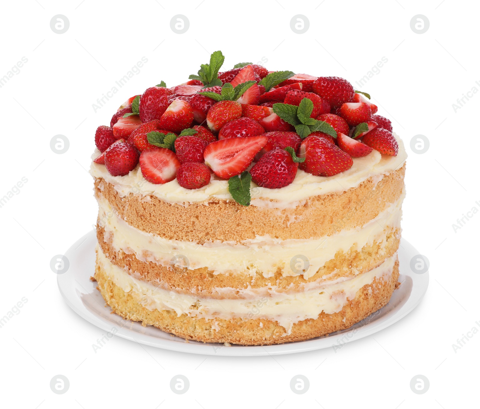 Photo of Tasty cake with fresh strawberries and mint isolated on white