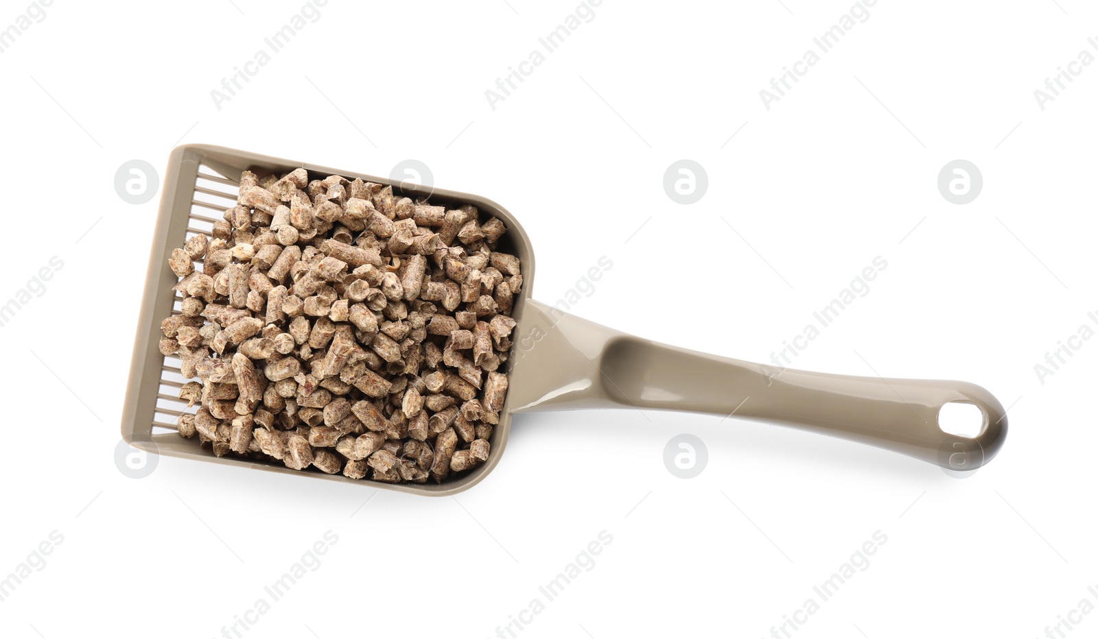 Photo of Grey plastic scoop with cat litter isolated on white, top view