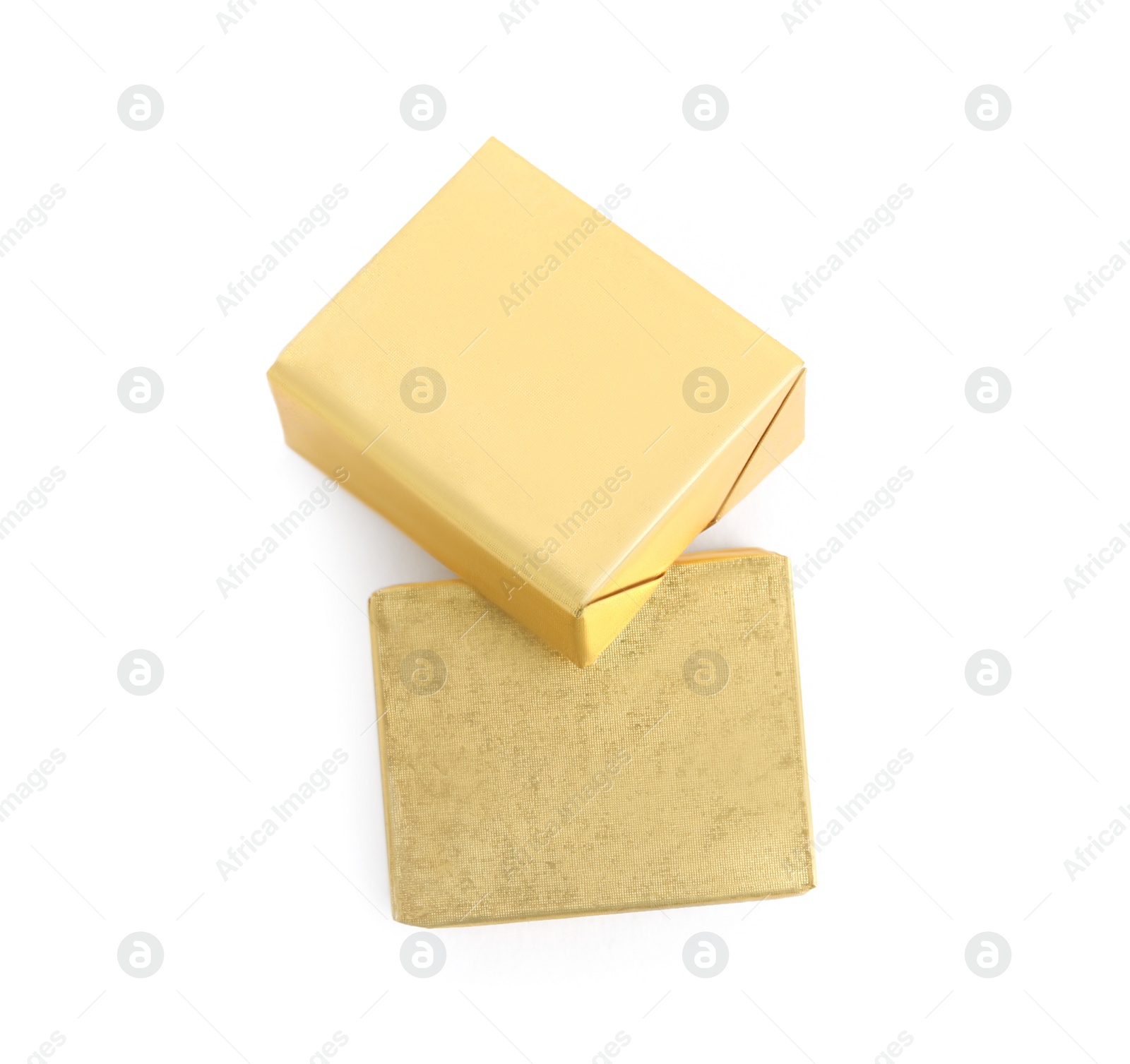 Photo of Bouillon cubes on white background, top view