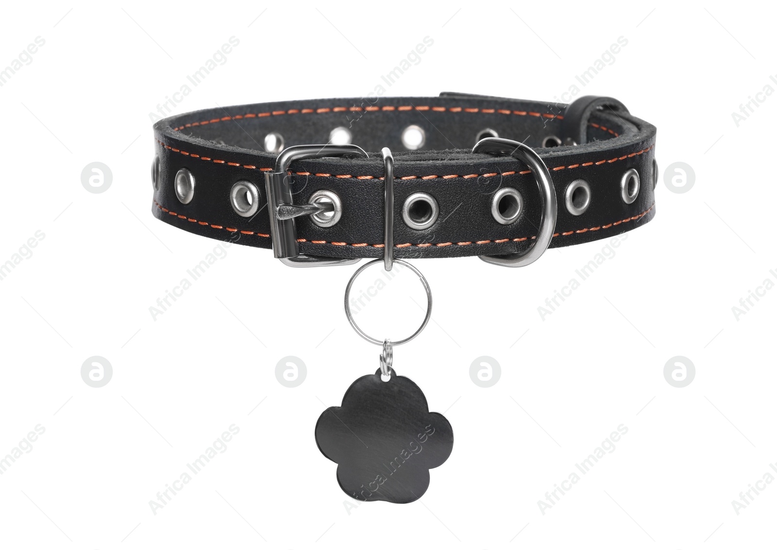 Photo of Black leather dog collar with tag isolated on white