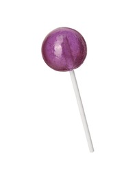 Photo of Tasty violet lollipop isolated on white. Confectionery product