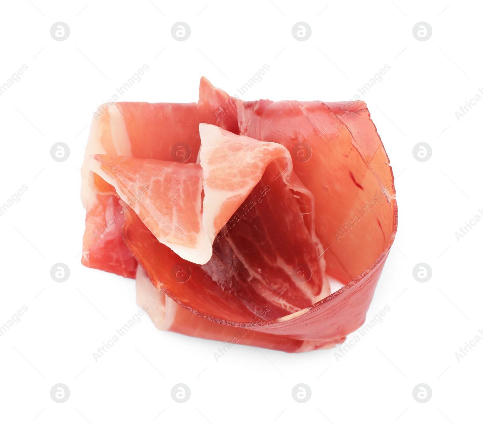 Photo of Slices of delicious jamon isolated on white