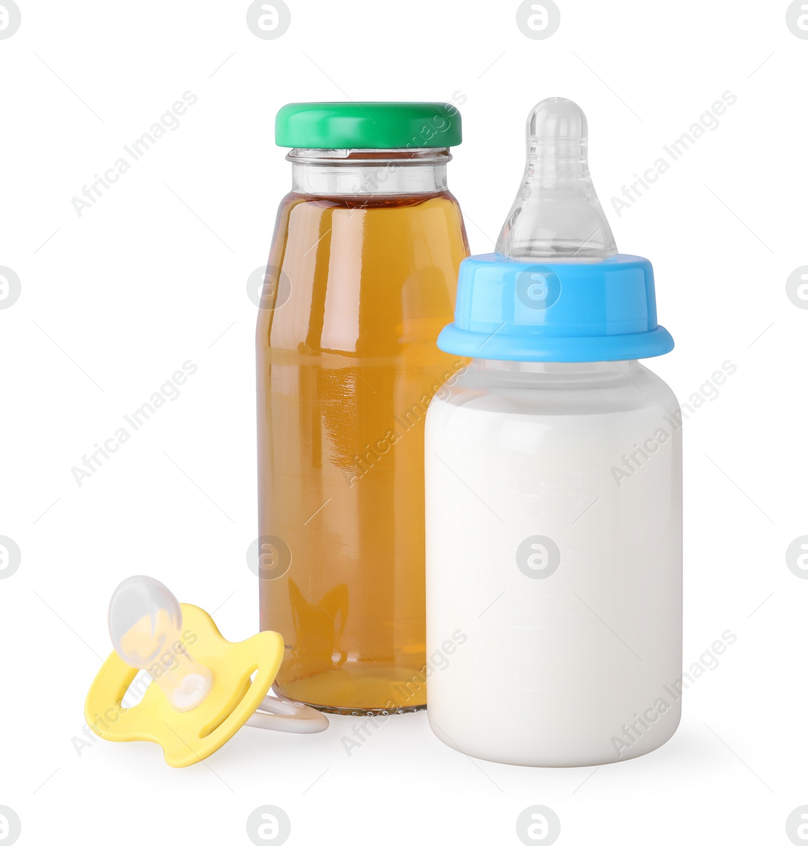 Photo of Bottles with juice, milk and pacifier on light grey background. Baby nutrition