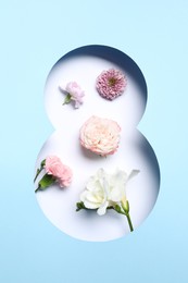 Photo of 8 March greeting card design with different flowers, top view. Happy International Women's Day