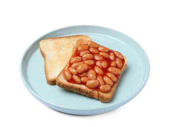 Photo of Delicious bread slices with baked beans on white background