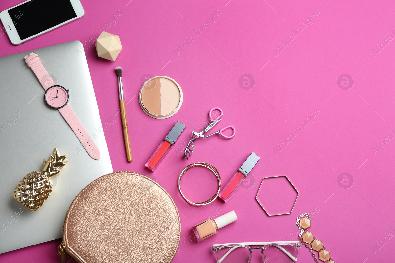 Photo of Flat lay composition with laptop, accessories and space for text on color background. Beauty blogger
