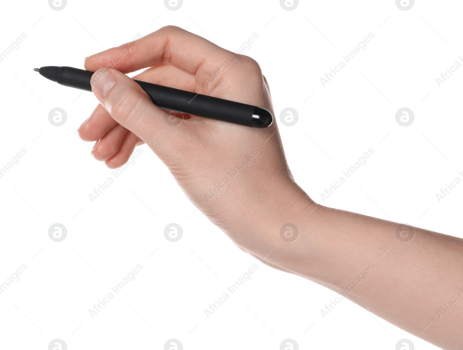 Photo of Woman holding pen on white background, closeup of hand