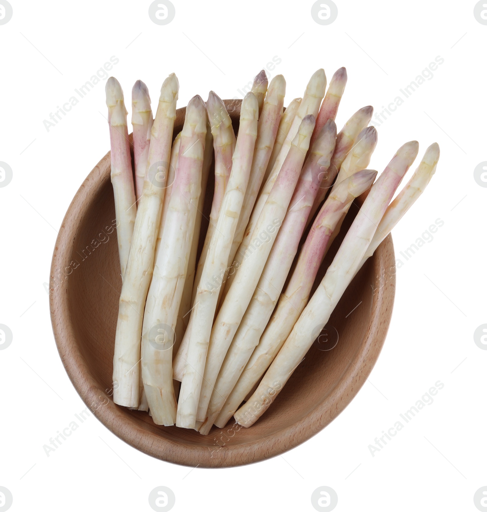 Photo of Fresh ripe asparagus in bowl isolated on white, top view