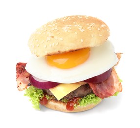 Delicious burger with fried egg isolated on white