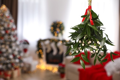 Photo of Mistletoe bunch with red ribbon hanging in room with Christmas tree, space for text