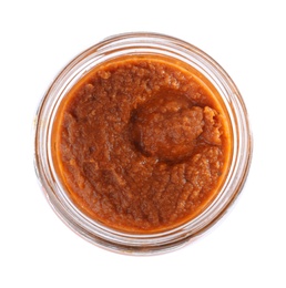 Photo of Open jar with butternut squash spread on white background, top view. Pickled food