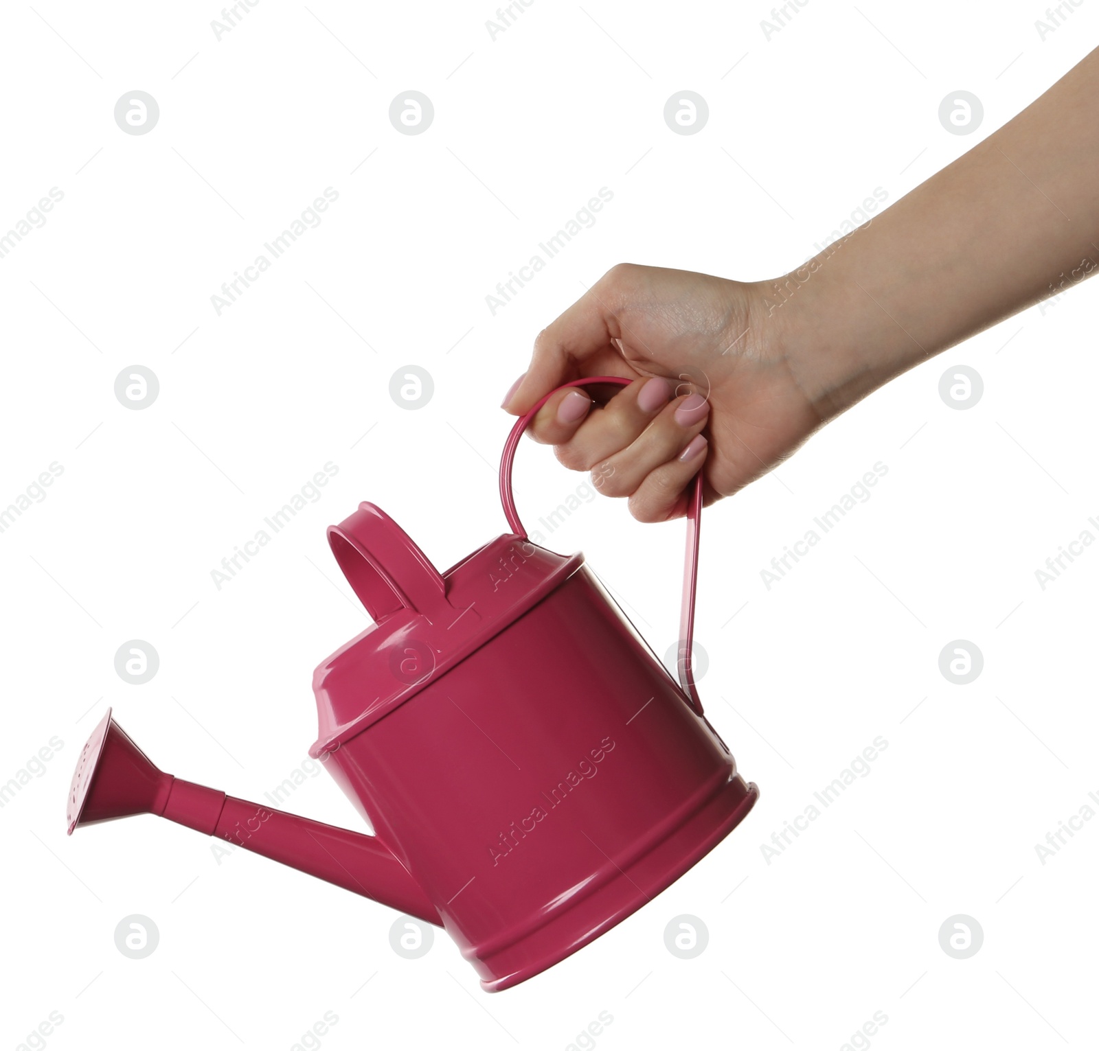 Photo of Woman holding watering can on white background, closeup