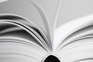 Photo of Closeup view of open book on light background