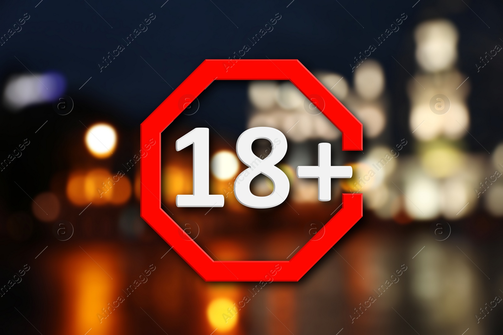 Image of Age limit sign 18+ years and blurred view of night city