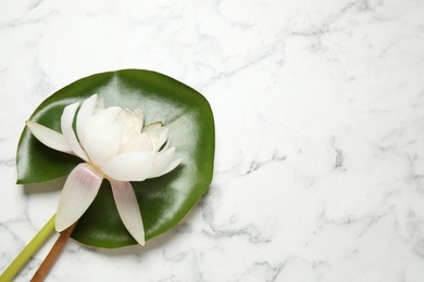 Beautiful blooming lotus flower with green leaf on white marble table, top view. Space for text