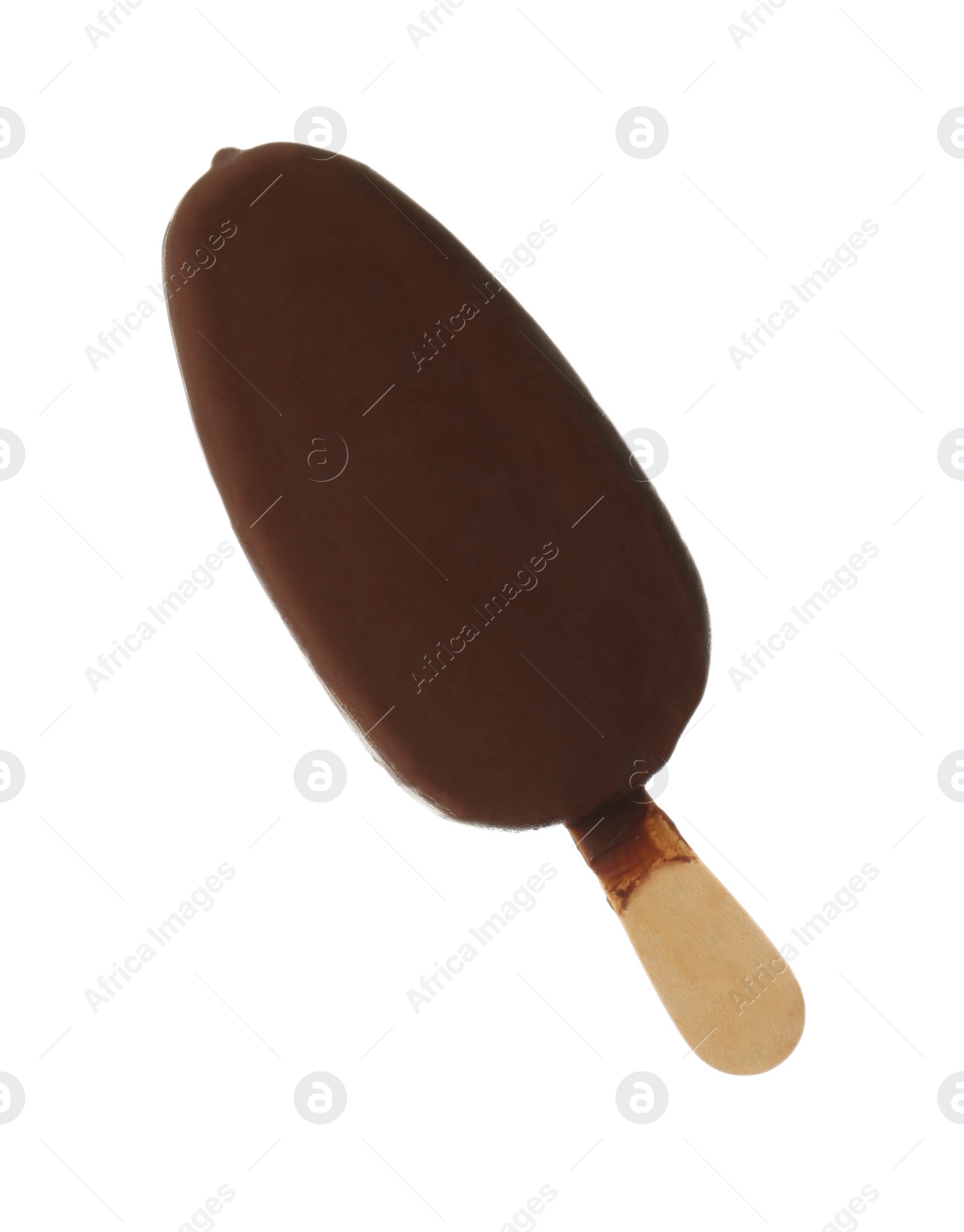 Photo of Woman holding delicious ice cream with chocolate against white background