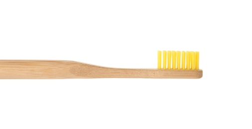 Bamboo toothbrush on white background. Dental care