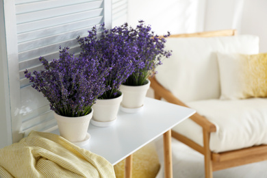 Beautiful lavender flowers and yellow shirt on white table indoors