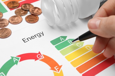 Photo of Woman with pen, coins, light bulb and energy efficiency rating chart, closeup