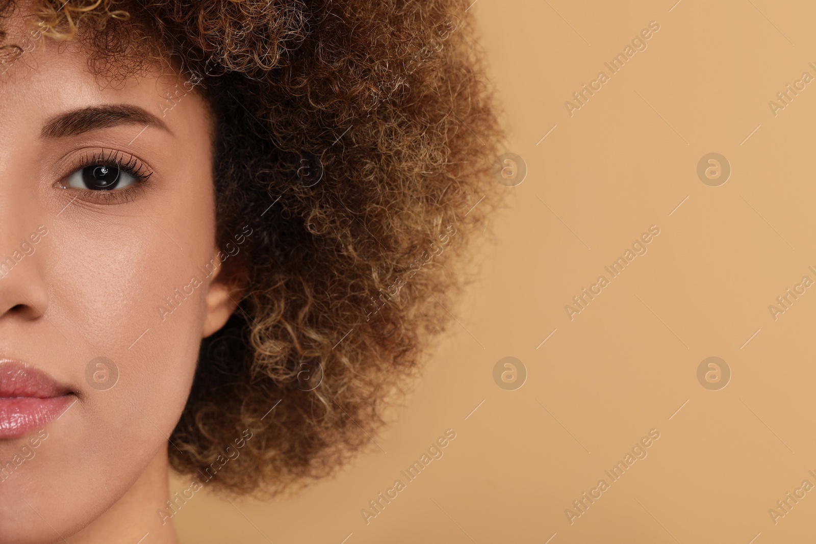 Photo of Beautiful woman with healthy skin on beige background, closeup. Space for text