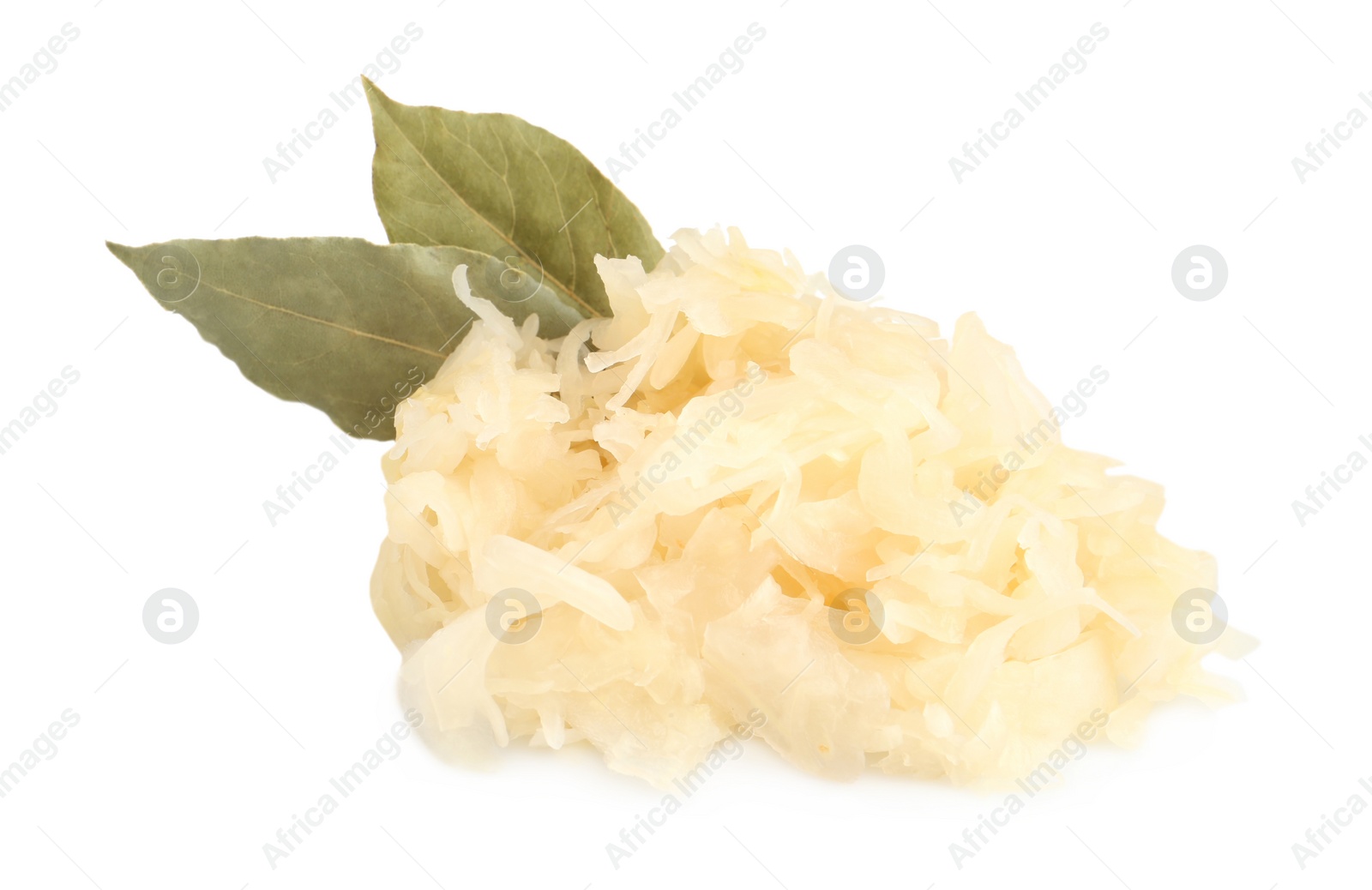 Photo of Tasty sauerkraut with bay leaves on white background