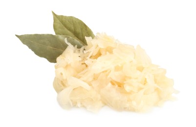 Photo of Tasty sauerkraut with bay leaves on white background