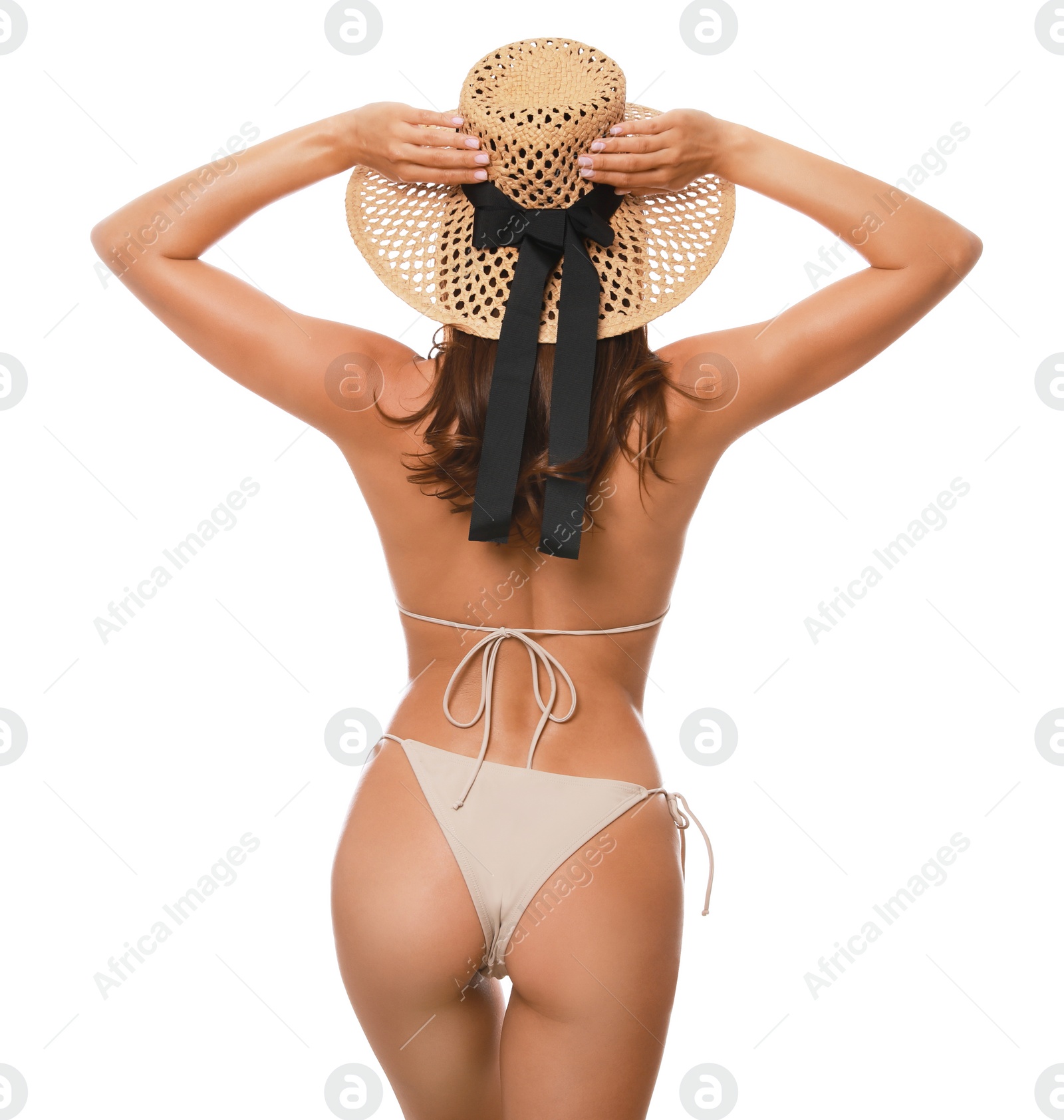 Photo of Beautiful woman in stylish bikini on white background, back view