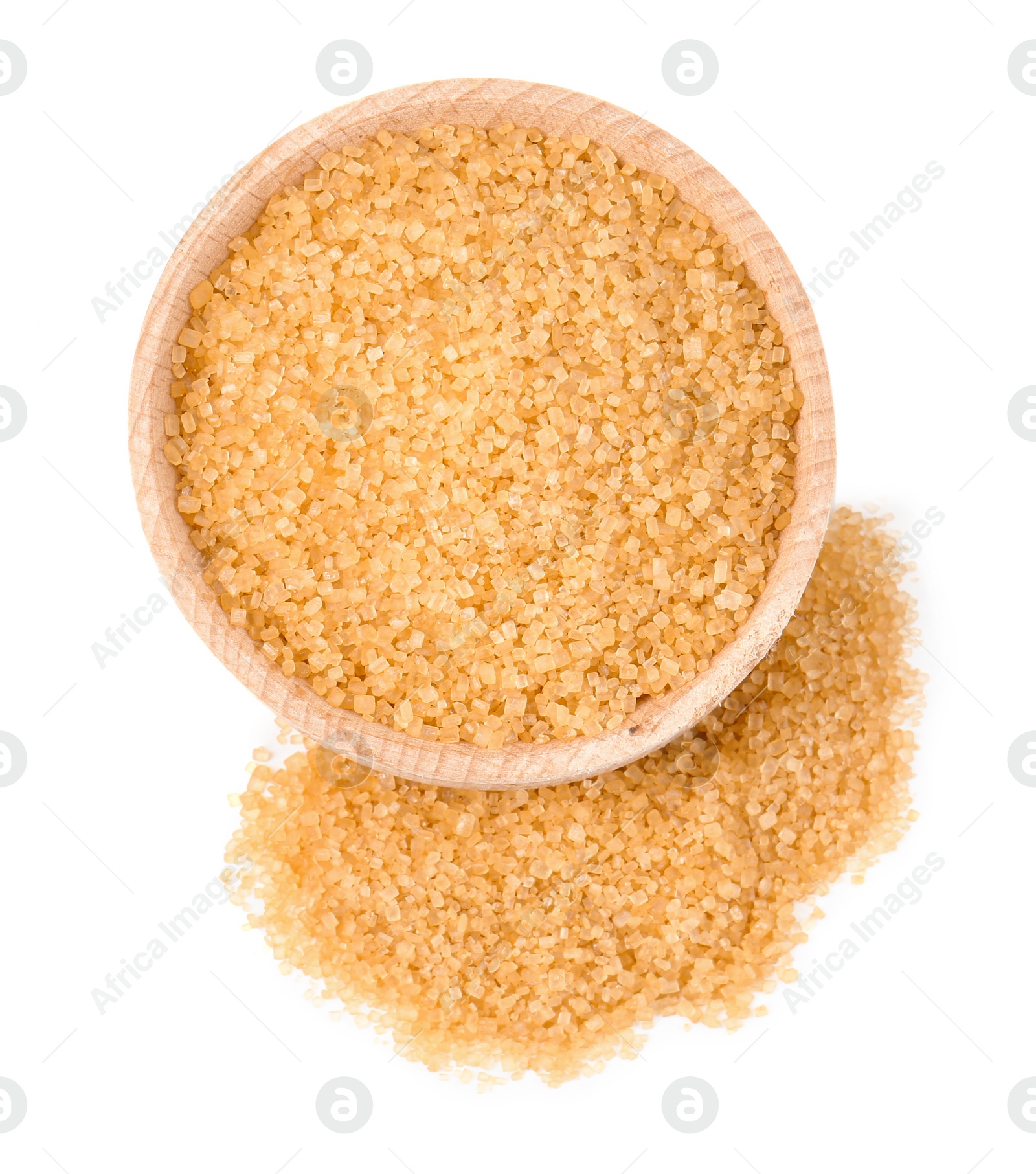 Photo of Brown sugar in bowl isolated on white, top view