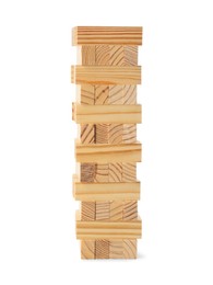 Photo of Jenga tower made of wooden blocks on white background. Board game