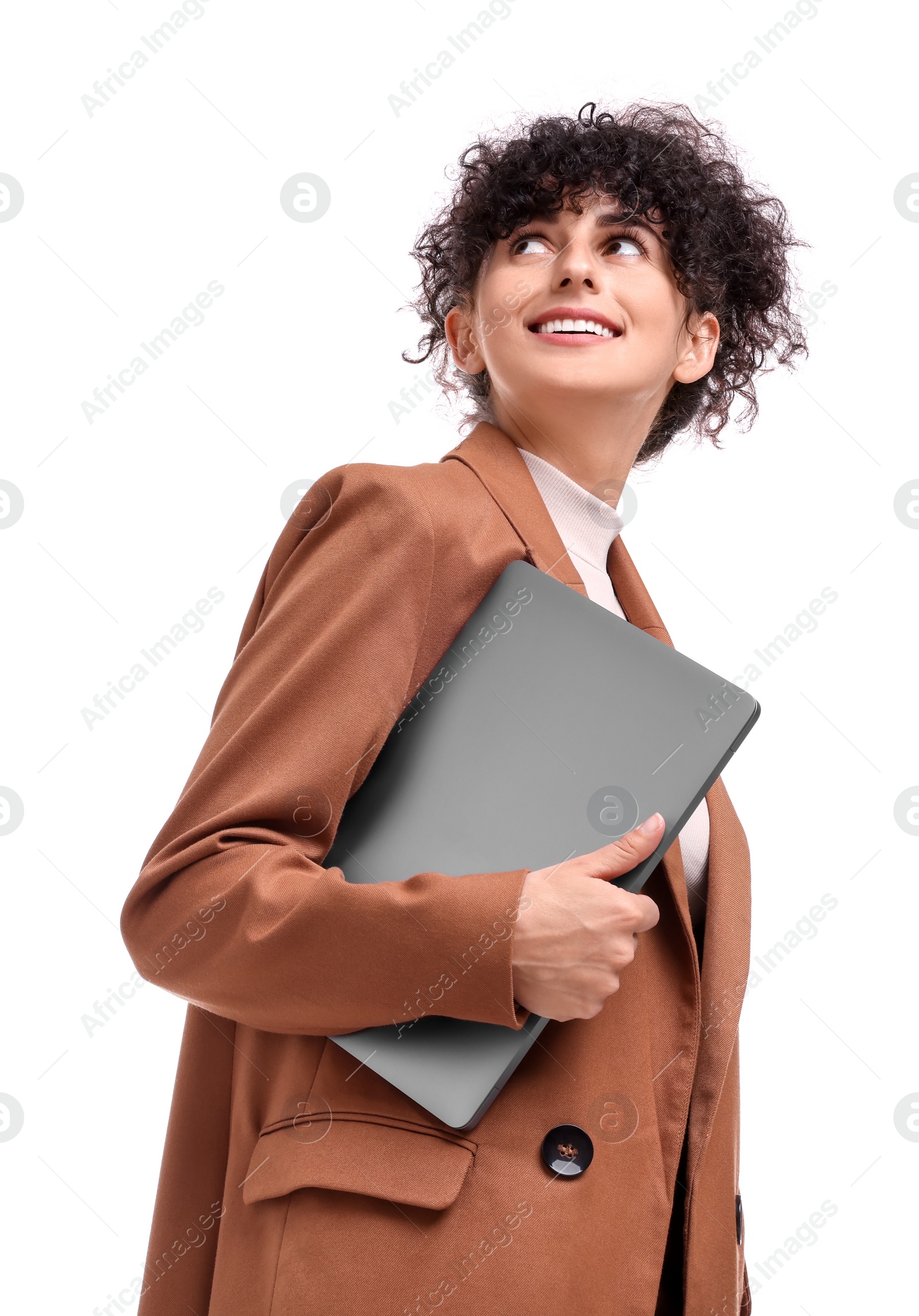 Photo of Beautiful happy businesswoman with laptop on white background, low angle view