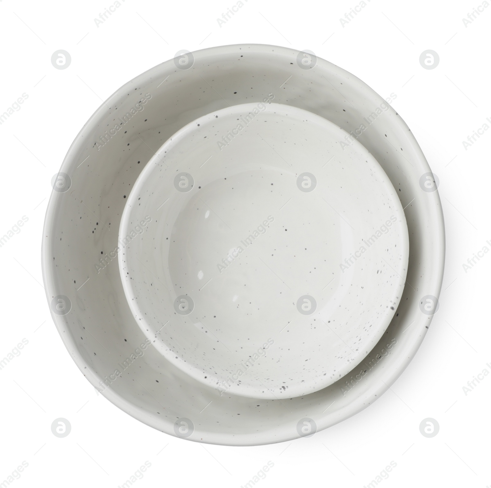 Photo of Beautiful empty ceramic bowls on white background, top view