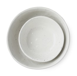 Photo of Beautiful empty ceramic bowls on white background, top view