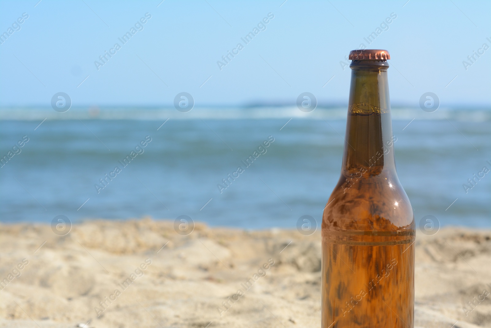 Photo of Bottle of beer on beach near sea, closeup. Space for text