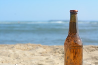 Bottle of beer on beach near sea, closeup. Space for text