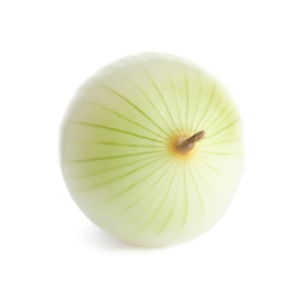 Photo of Fresh peeled onion bulb on white background