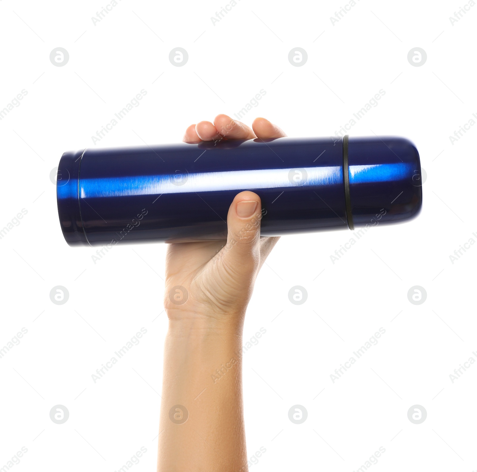 Photo of Woman holding blue thermos on white background, closeup