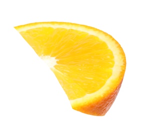 Slice of ripe orange on white background