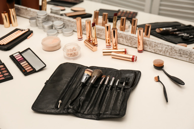 Professional makeup artists workplace with tools and cosmetic