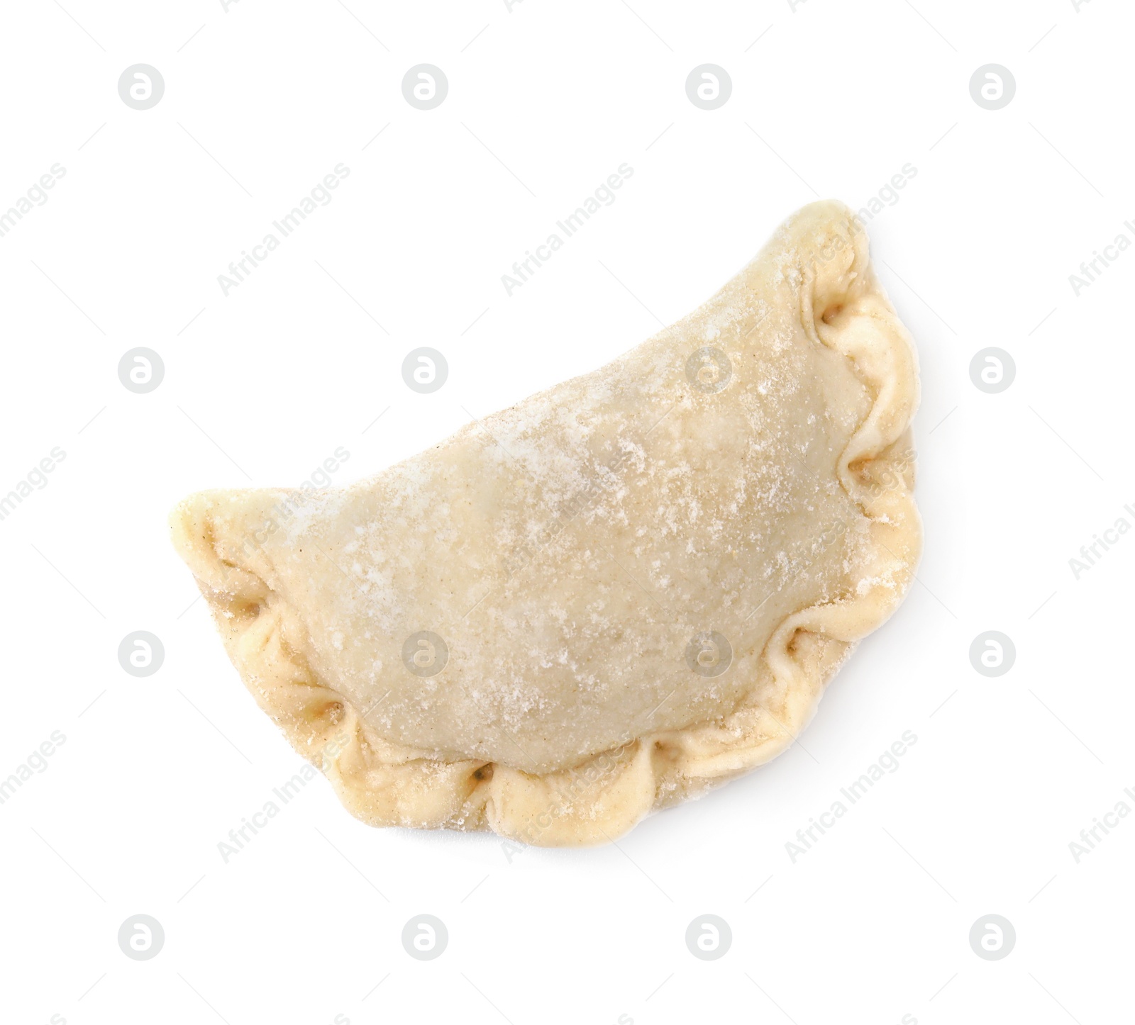Photo of One raw dumpling (varenyk) isolated on white, top view