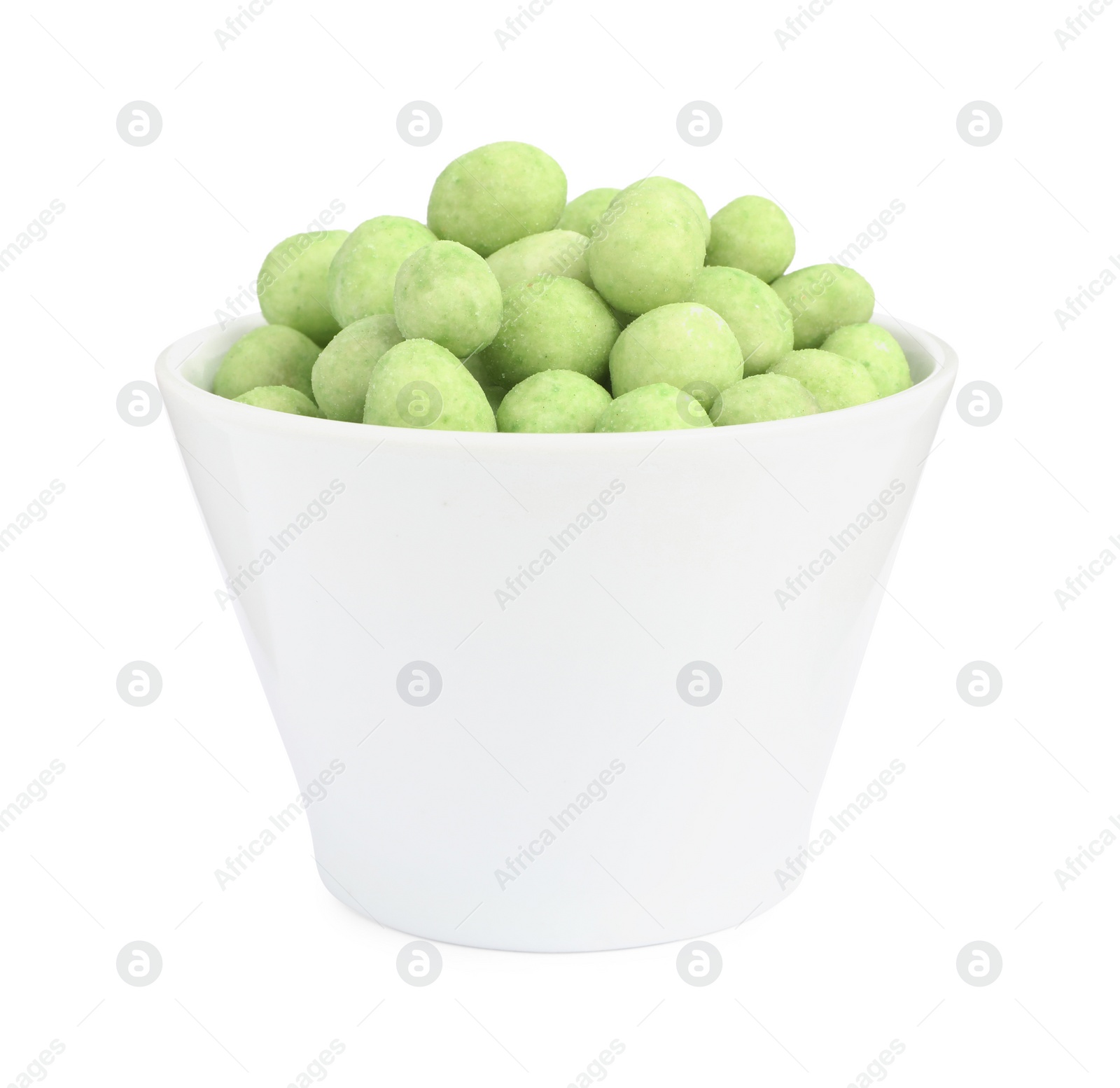 Photo of Tasty wasabi coated peanuts in bowl on white background