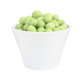 Photo of Tasty wasabi coated peanuts in bowl on white background