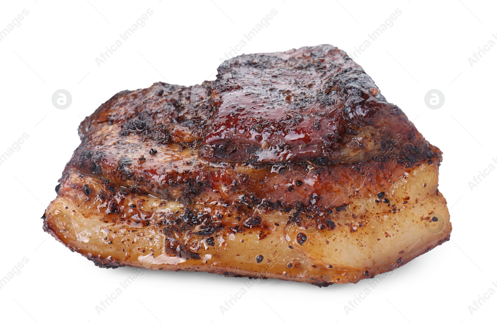 Photo of Piece of tasty baked pork belly isolated on white