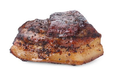 Photo of Piece of tasty baked pork belly isolated on white